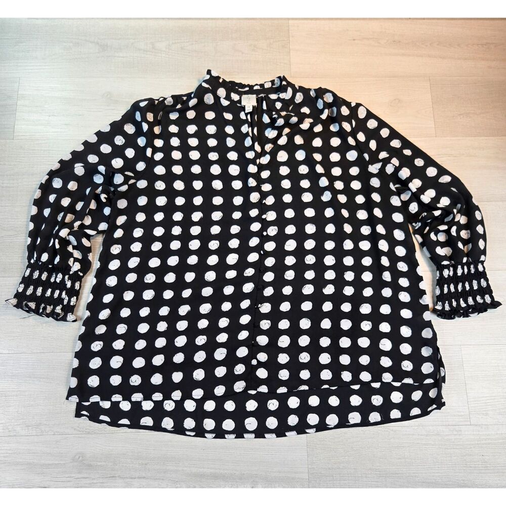 Joie Womens 1X Dot Print Loop Button Front Top Smocked Wrist Sleeve